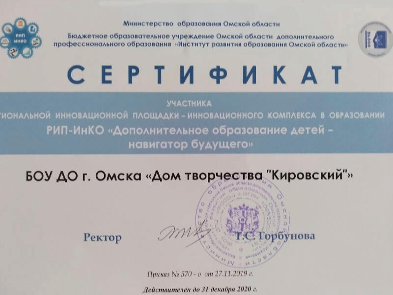 Сертификат РИП-ИнКО «Дополнительное образование детей — навигатор будущего»