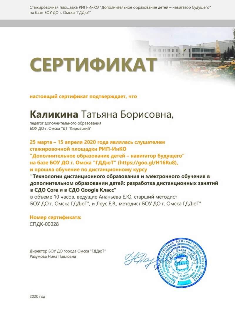 Сертификат Каликина Татьяна Борисовна